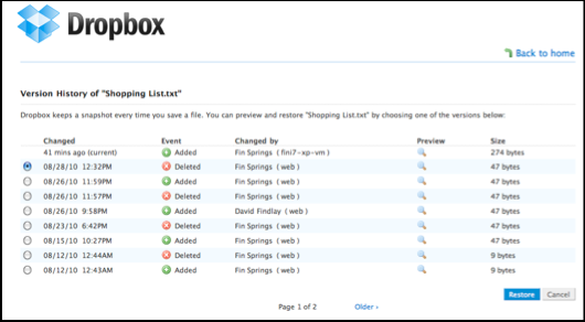 dropbox versions